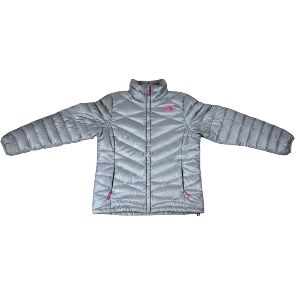 The North Face Womens 550 Down Puffer Jacket Silver Pink Logo Size Medium
